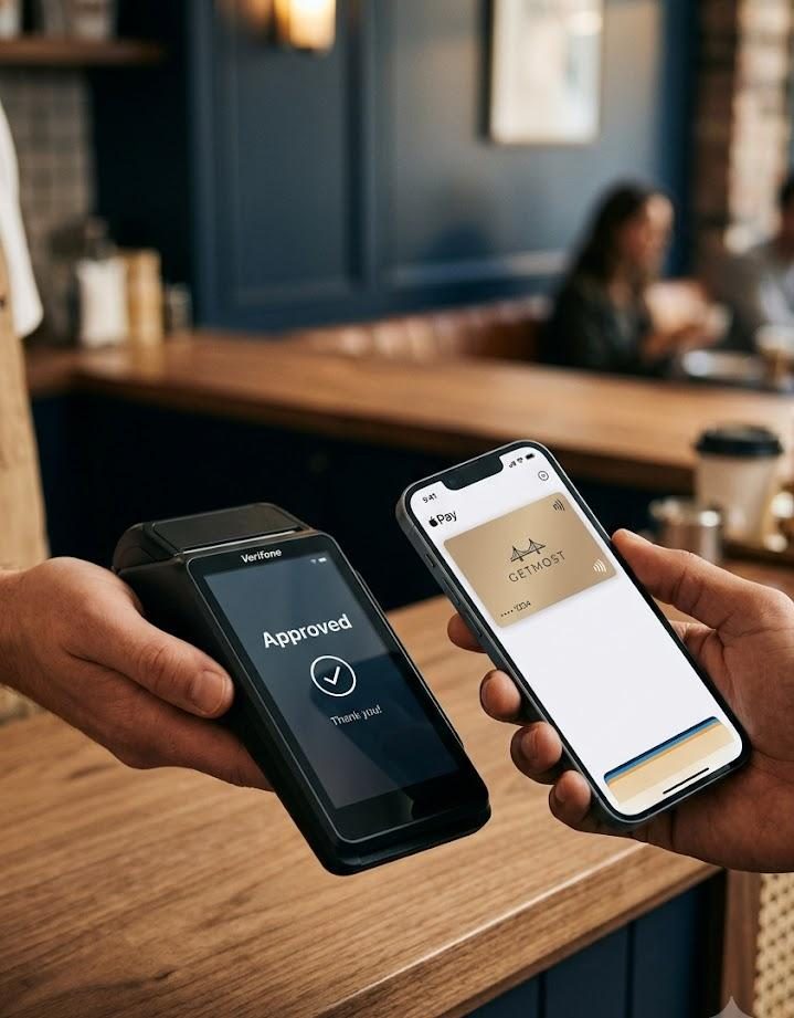 Paying with a GETMOST card via Apple Pay at a terminal showing Approved