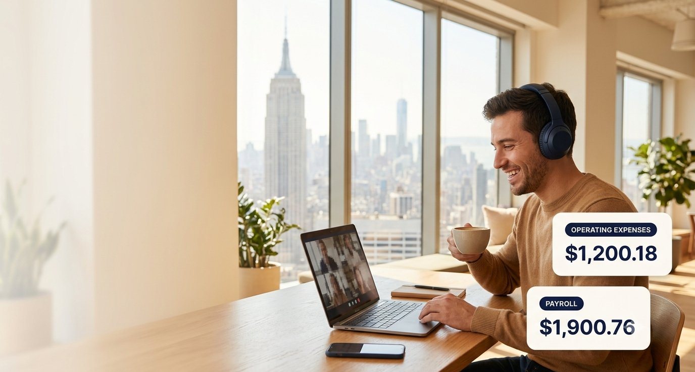 Founder running a US business remotely on a video call with a New York skyline behind